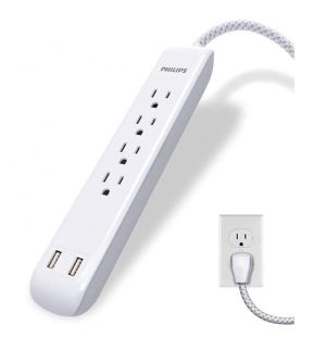 Philips - Protecteur de Surtension à 4 Prises et 2 Port USB, 720 Joules, Cordon de 4 Pieds, Blanc