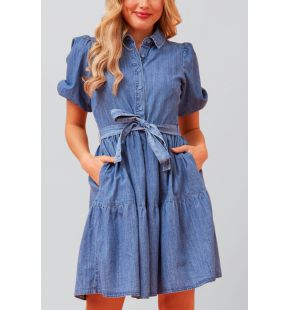 Bella Robe Chemise À Volant Denim avec Manches Courtes et Ceinture