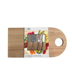 JS Gourmet - Planche à Fromage en Bambou avec Manche et 4 Outils en Acier Inoxydable