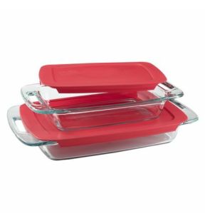 Ensemble de 4 plats de cuisson en verre Easy Grab® de Pyrex | 1090992 | Comprend plats oblongs de 3 et 2 quarts avec couvercles en plastique rouge