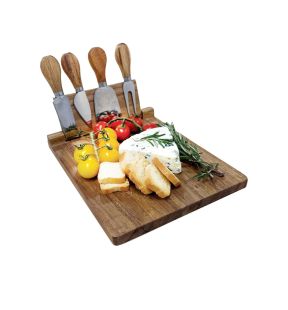 JS Gourmet - Planche à Fromage en Bois d'acacia avec 4 Couteaux et Support Magnétique