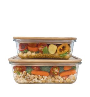 JS Gourmet - Ensemble de 2 Contenants pour Aliments, Couvercle en Bambou, Vont au Four