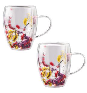 JS Gourmet - Ensemble de 2 Tasses en Verre à Double Paroi avec Fleur Séchées, Capacité de 350ml