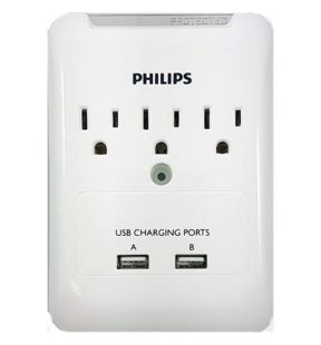 Philips Protecteur Surtension Électrique 3 Prises Avec 2 Ports USB