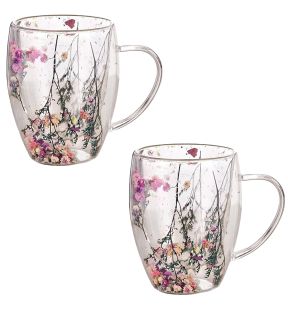 JS Gourmet - Ensemble de 2 Tasses en Verre à Double Paroi avec Fleur Séchées, Capacité de 350ml