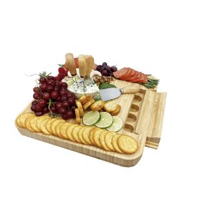 JS Gourmet - Grande Planche à Fromage en Bambou avec Tiroir Coulissant et 4 Couteaux