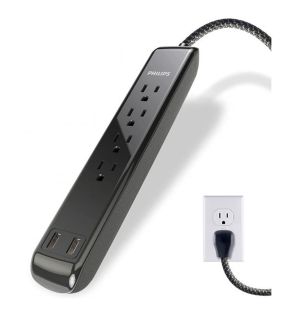 Philips - Protecteur de Surtension à 4 Prises et 2 Port USB, 720 Joules, Cordon de 4 Pieds, Noir