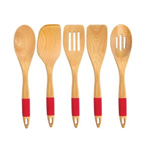 JS Gourmet - Ensemble 5 Morceaux d'Ustensiles de Cuisine en Bois de Hêtre et Silicone, Rouge