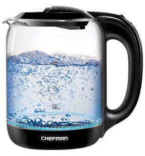 Chefman Bouilloire Électrique 1.7L en Verre éclairage LED avec Touche de Fonctionnement Facile, Base Pivotante à 360 degrés Sans BPA Noir