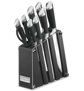 Bloc de couteaux acrylique de 11 pièces Cuisinart : comprend un couteau de chef de 8 pouces, un couteau à pain de 8 pouces, un couteau à découper de 8 pouces, un couteau Santoku de 7 pouces, un couteau tout usage dentelé de 5,5 pouces, un couteau à légume